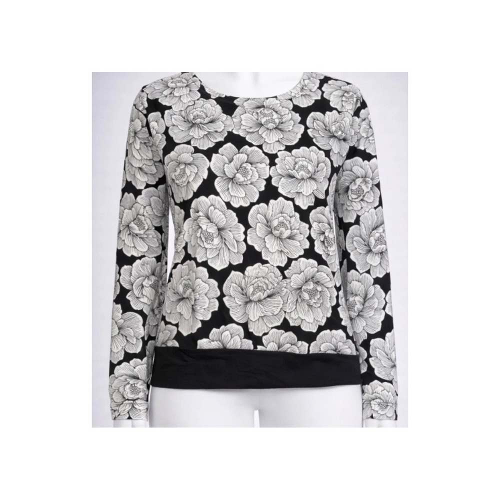 Anne Klein Womens Large Floral Print Long Sleeve Crew Neck Blouse Black White